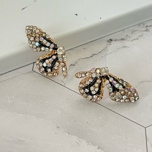 Zara Gold tone butterfly pearl crystal stud earrings NEW